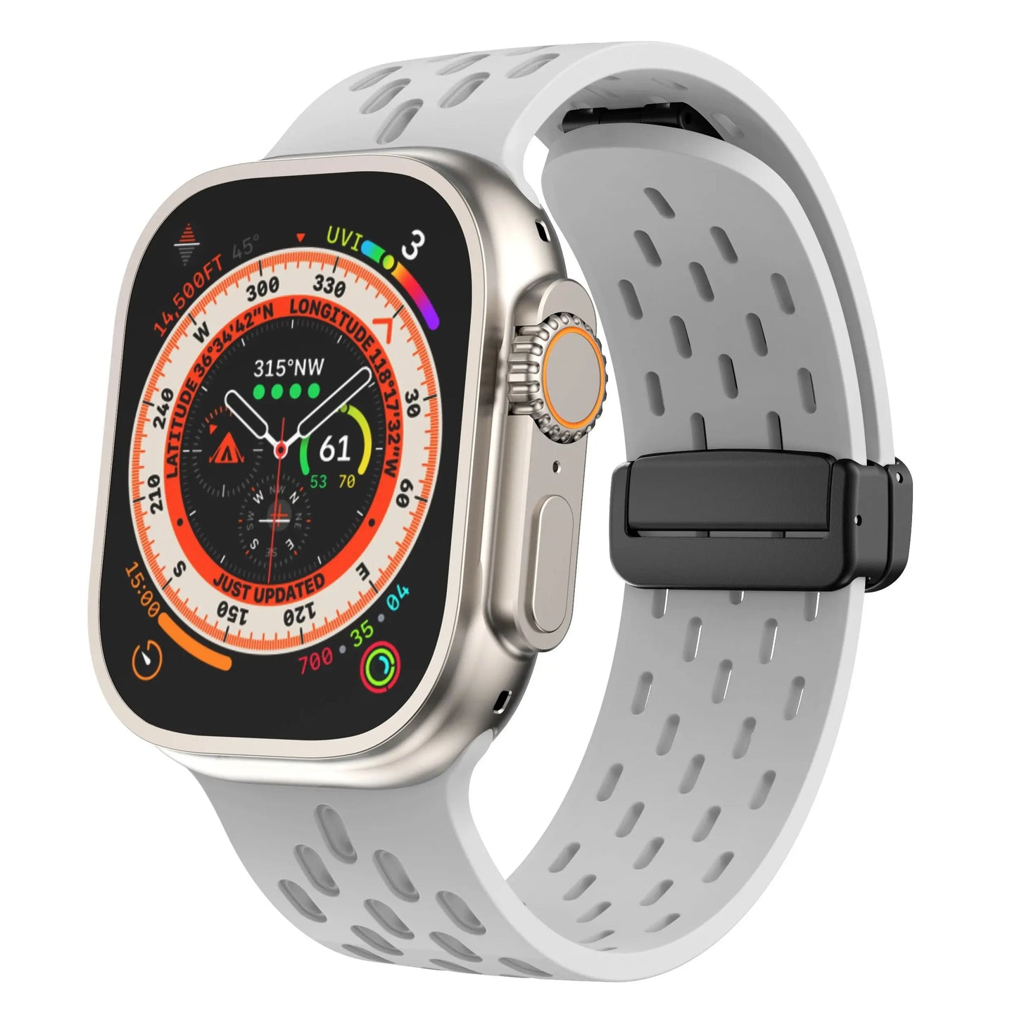 Breathable silicone magnetic clasp band for Apple Watch, designed for active lifestyles with airflow holes.