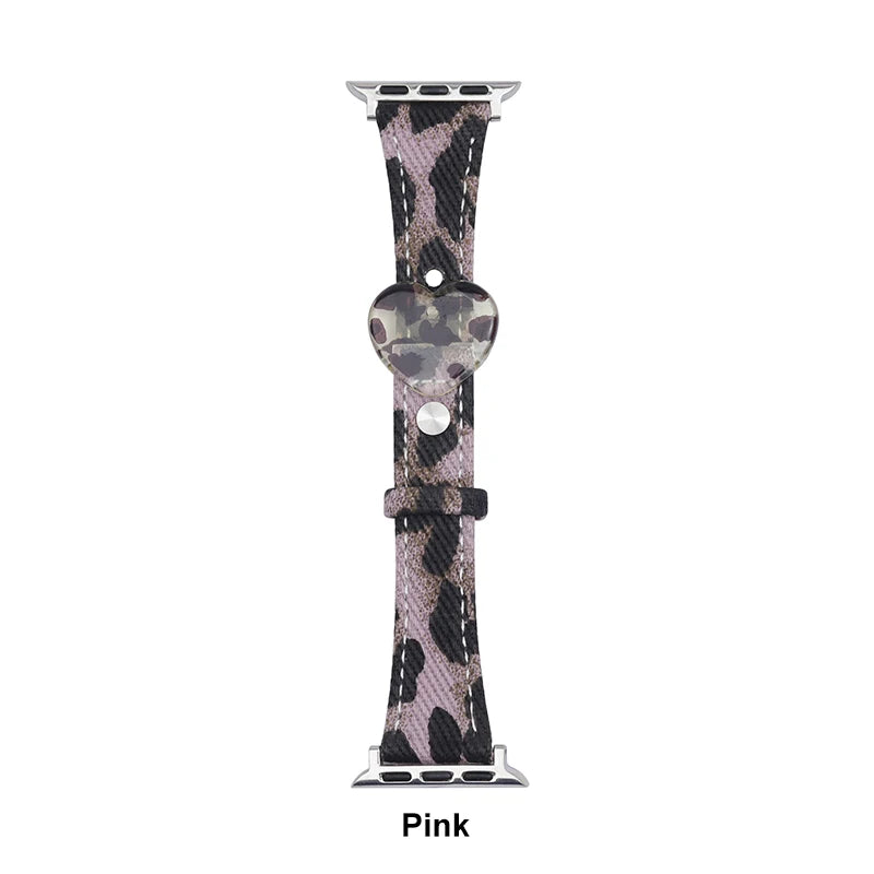 Retro Leopard Leather Heart Band for Apple Watch 38-49mm Series