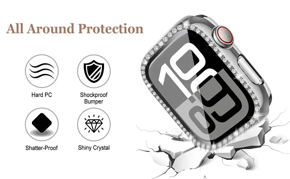 Rhinestones Case with Glass for Series 10, showing protection features like hard PC, shockproof bumper, and shatter-proof design.
