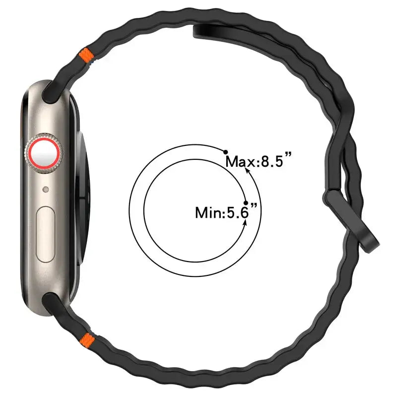 Silicon sports strap for Apple Watch showing adjustable wrist sizes from 5.6 to 8.5 inches, combining style and protection.