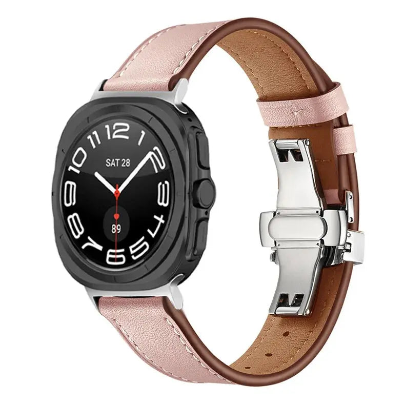 Classic Leather Ultra Band for Galaxy Watch Ultra with polished clasp, featuring a stylish pink and brown design.