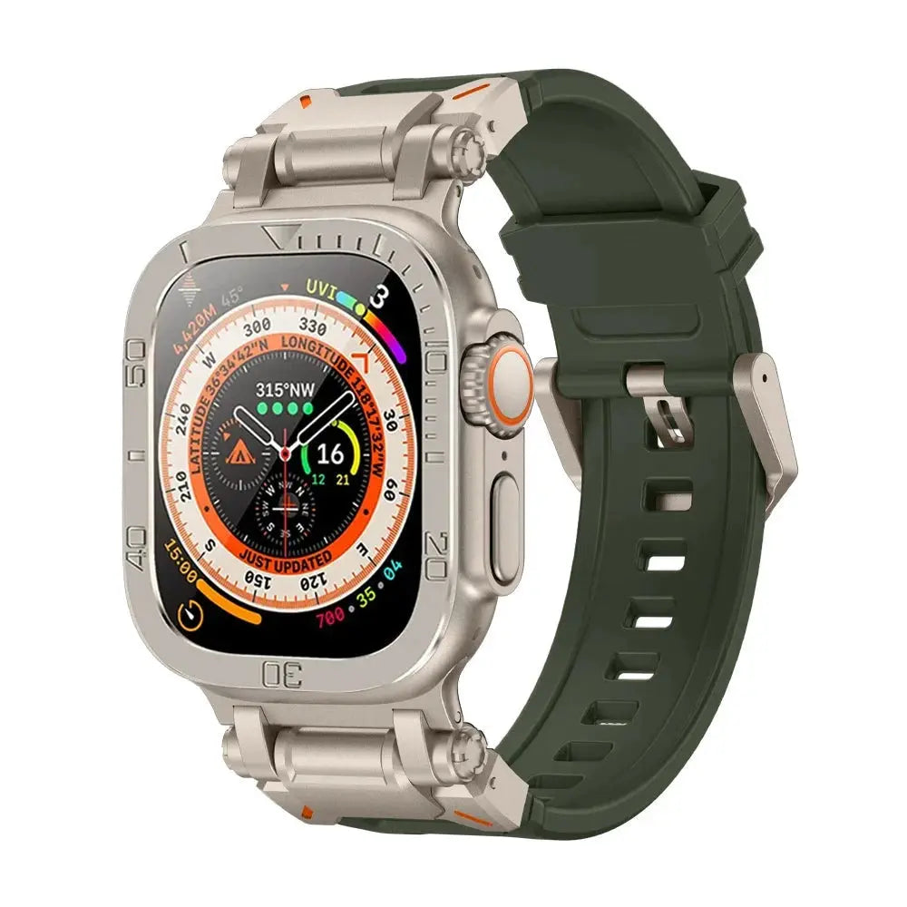 Apple Watch Ultra 49mm with rugged silicon band and metal case, featuring a sporty design and screen protector.