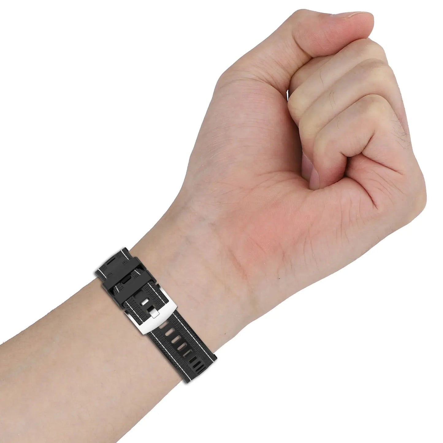 Black nylon and silicone strap for WHOOP 4.0 shown on wrist, adjustable for all-day comfort and breathability.