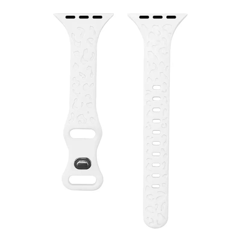 Engraved slim silicone band for Apple Watch in white with a unique leopard pattern design.