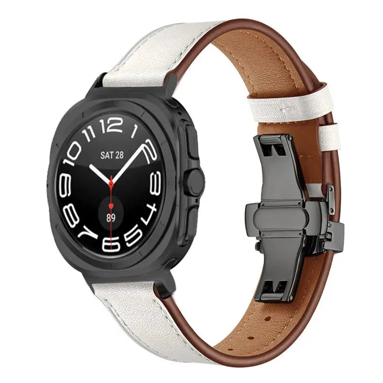 Classic leather ultra band for Galaxy Watch Ultra with butterfly clasp, featuring a polished finish and comfortable design.