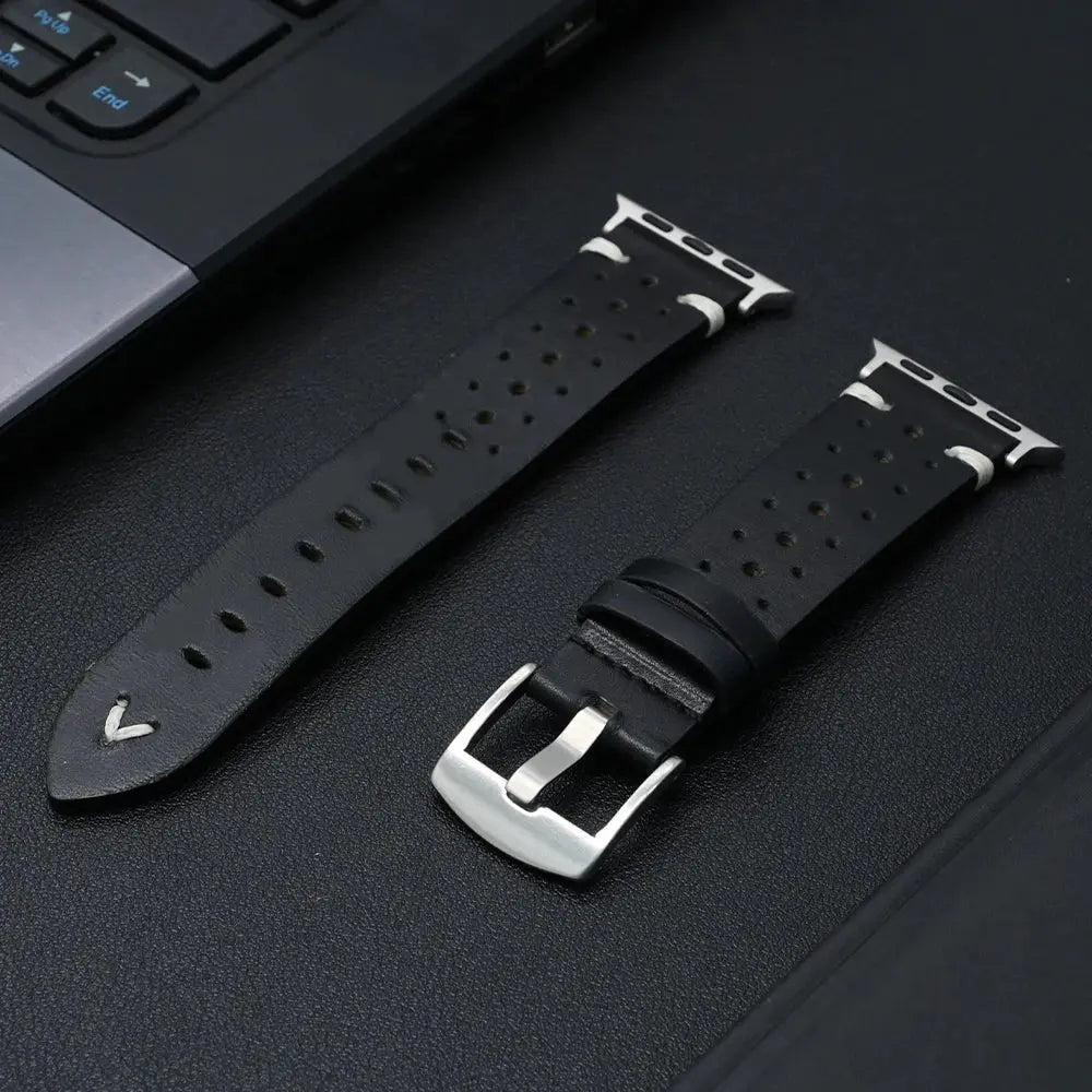 Enzo classic leather band in premium black with perforations for airflow, designed for elegance and comfort.