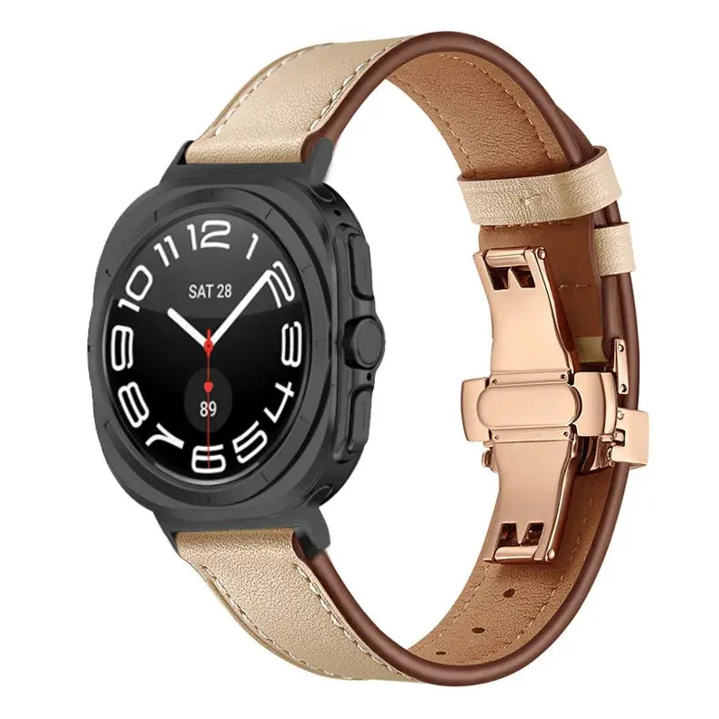 Classic leather ultra band for Galaxy Watch Ultra in black and gold with butterfly clasp, stylish and durable for any occasion.