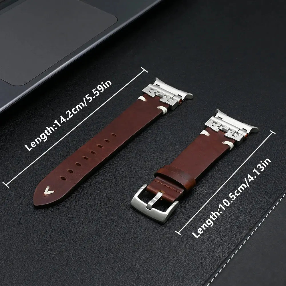 Delot leather band for Galaxy Watch Ultra, measuring 14.2cm and 10.5cm, with stylish silver connectors.