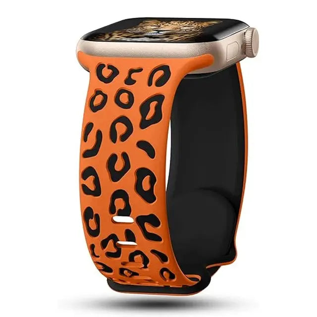 Dual color silicon engraved band with leopard print design for Apple Watch, stylish and comfortable for all.
