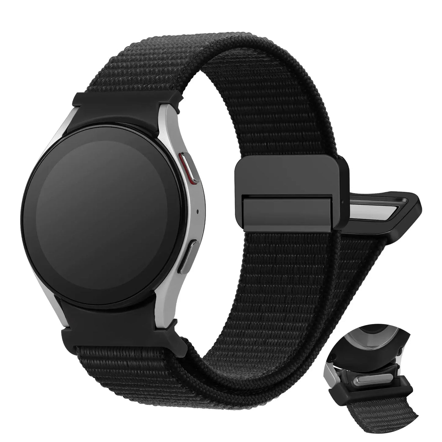Magnetic nylon sports band for Samsung Galaxy Watch, featuring secure magnetic buckle and breathable design.