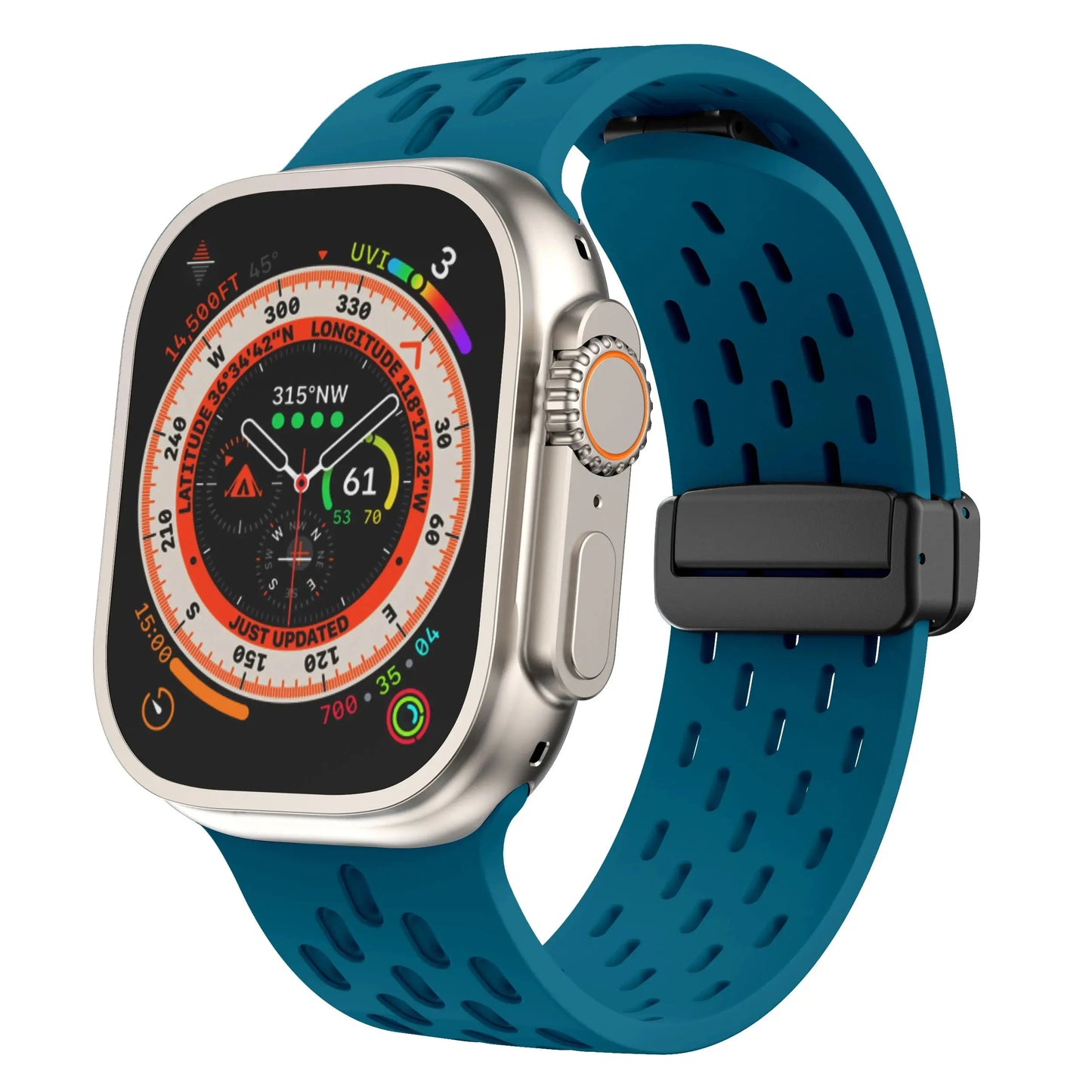 Breathable silicone magnetic clasp band for Apple Watch, designed for active lifestyles with airflow holes.