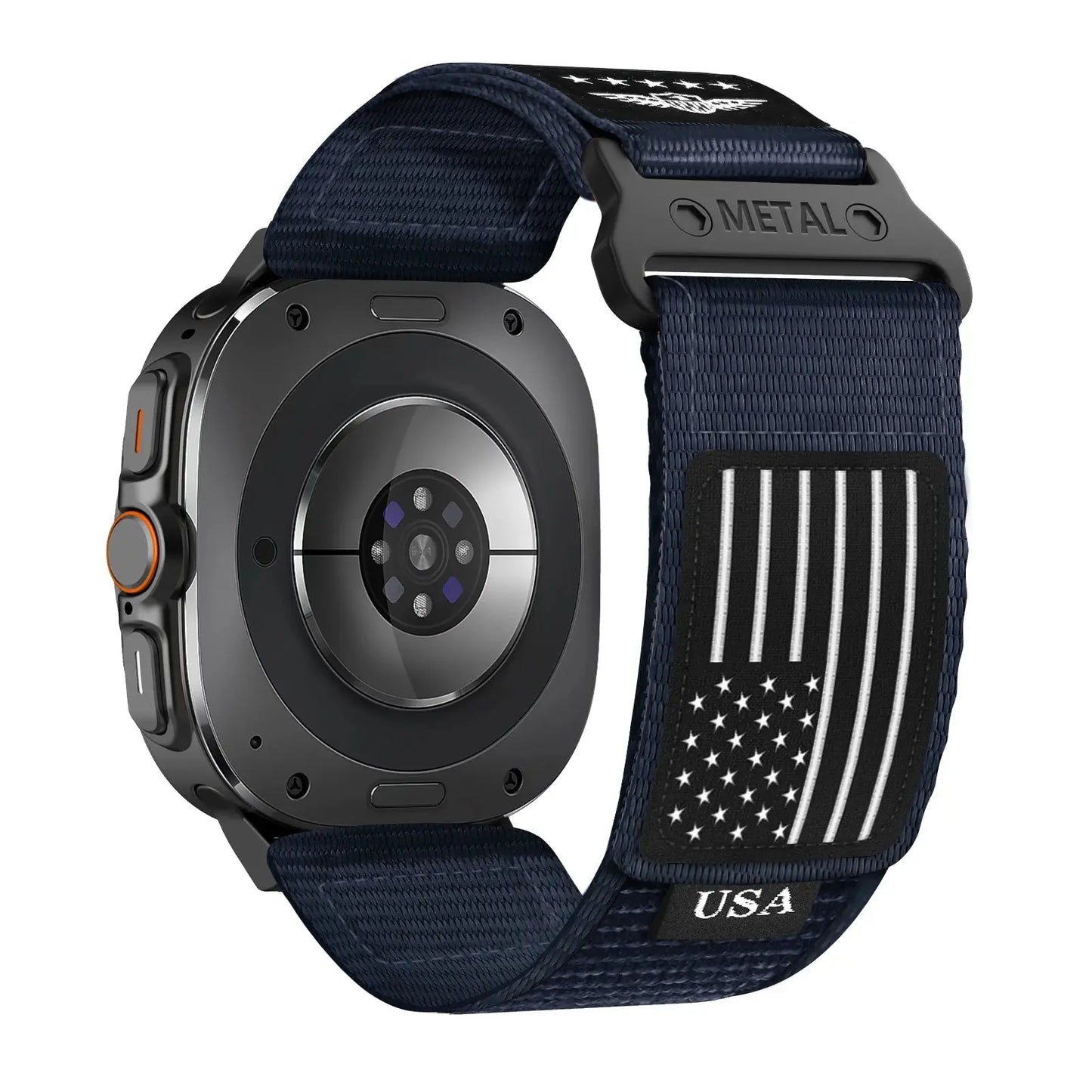 Rugged nylon military loop band for Galaxy Watch Ultra with USA flag design, adjustable, durable, and breathable.