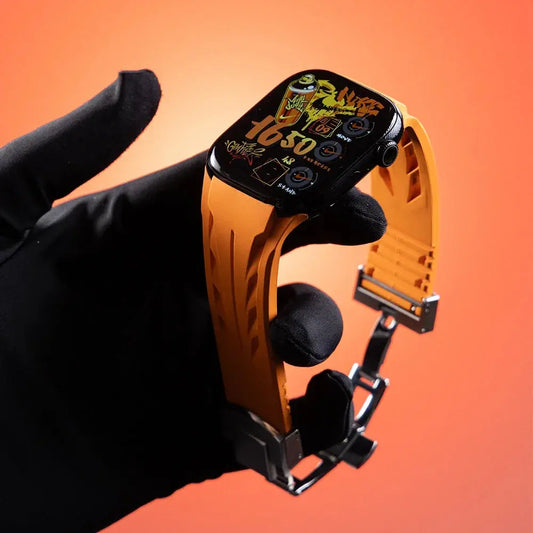 Denis Lux Silicon Sports Band in vibrant orange on a smartwatch, showcasing premium silicone and stainless steel clasp.