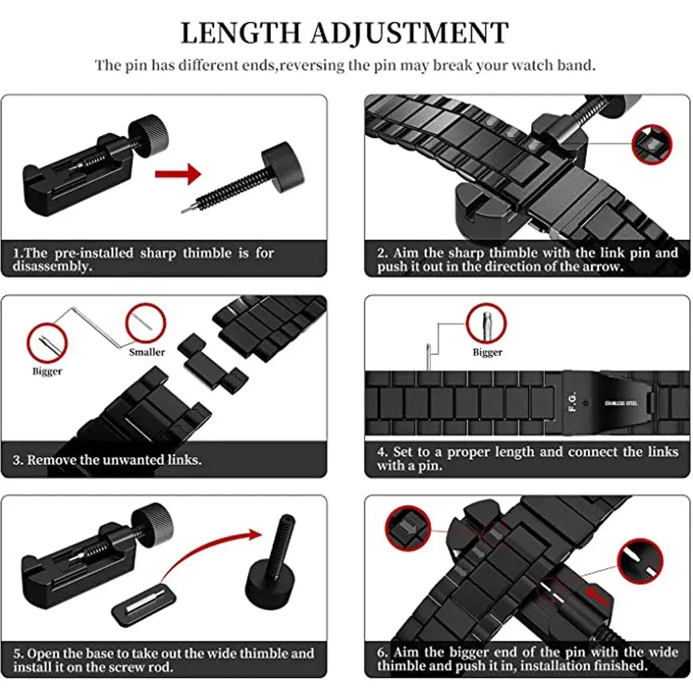Instruction guide for adjusting the Denis Titanium Band length for Samsung Galaxy Watch Ultra.