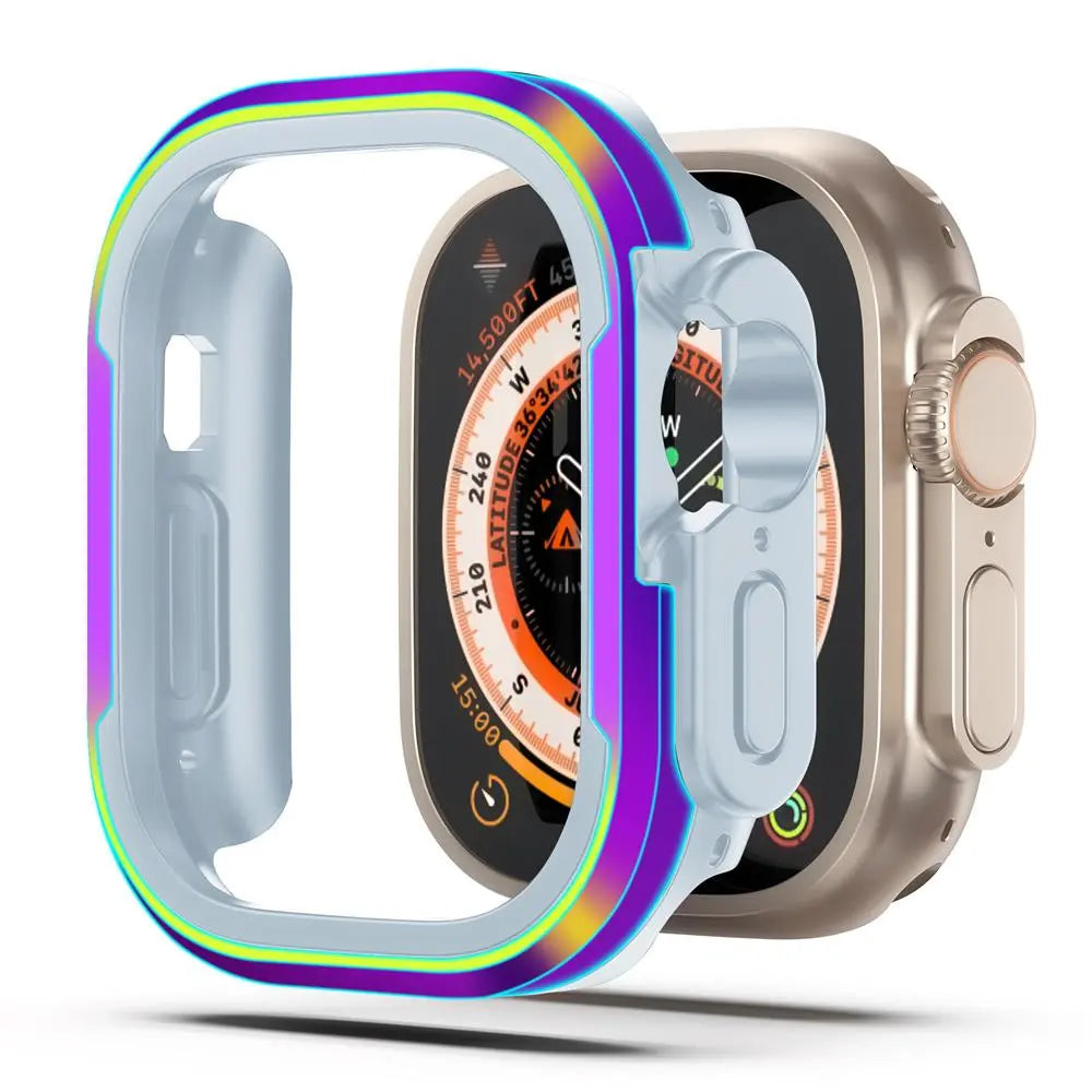 Heavy duty aluminum alloy frame with TPU bumper for Apple Watch, providing shockproof protection and stylish design.