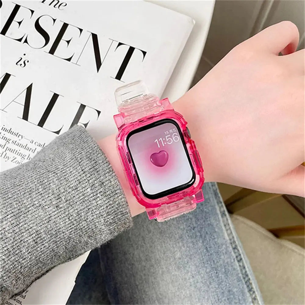 Korean cute transparent Apple Watch band and case in pink, stylish design on wrist with heart-shaped watch face.