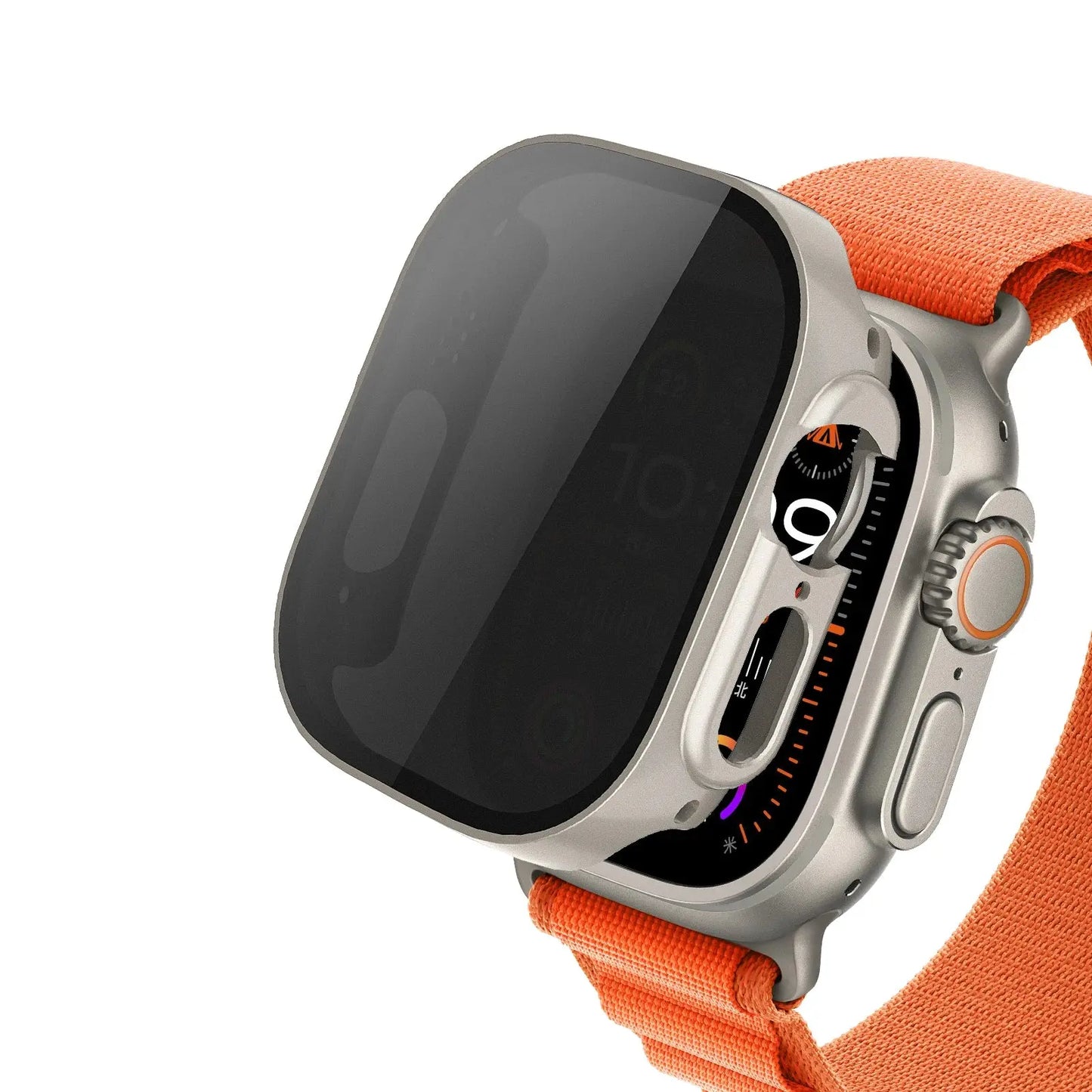 Protection + Privacy Case for Apple Watch showing anti-spy glass screen with orange strap, safeguarding privacy and style.