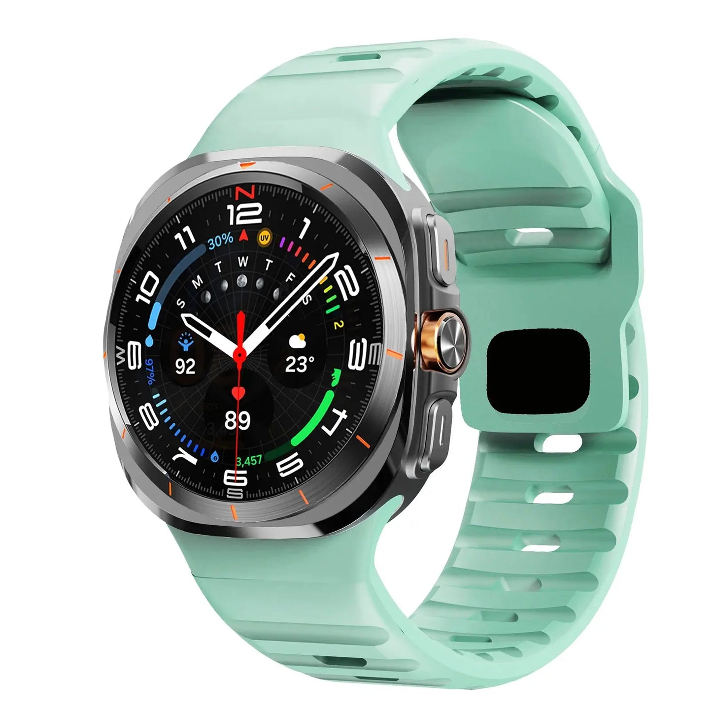 Rugged silicone band for Samsung Galaxy Watch Ultra in mint green, showcasing sports style and durability.
