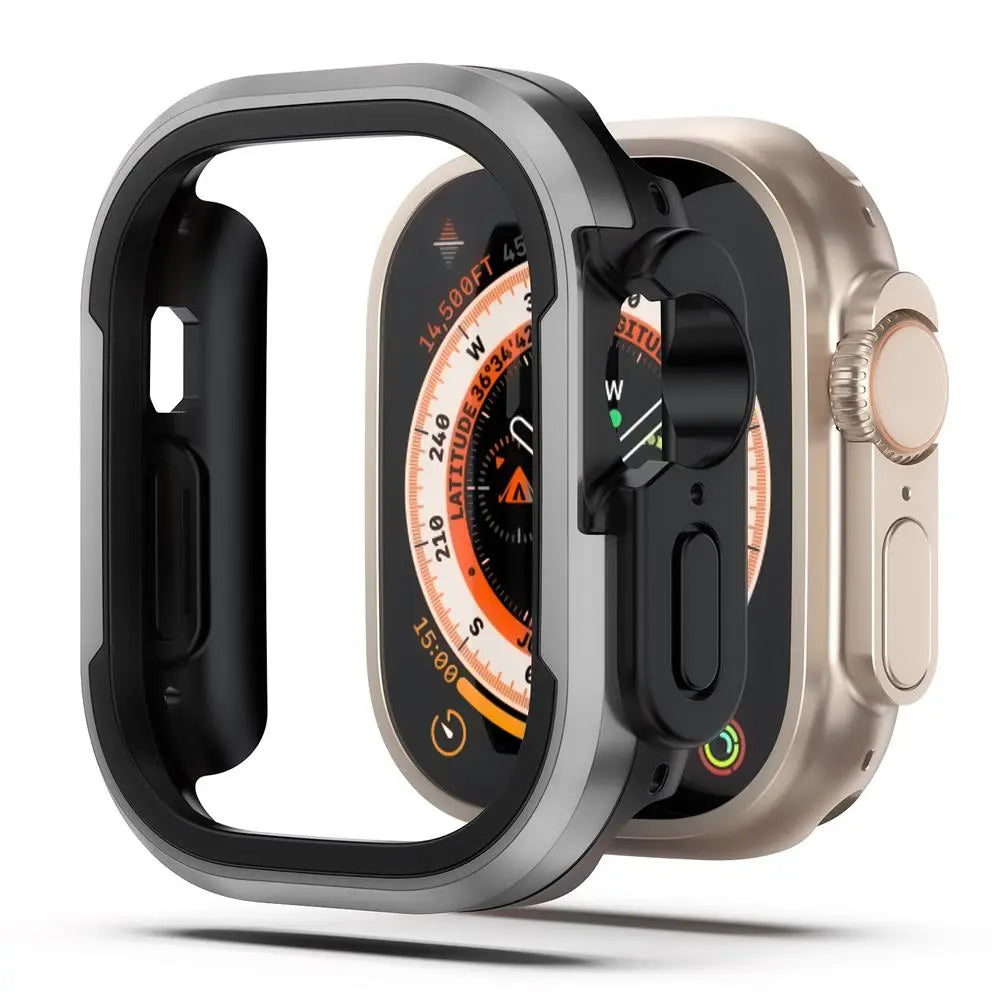 Aluminum alloy frame with TPU bumper for Apple Watch, offering shockproof protection and durable design.