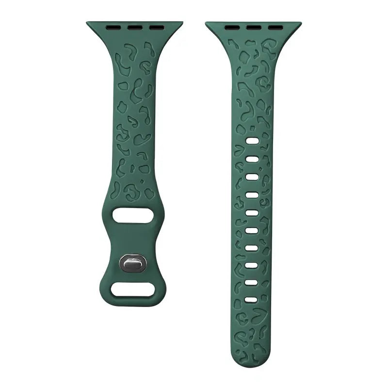 Engraved slim silicon band for Apple Watch, green with leopard pattern, stylish and functional accessory.