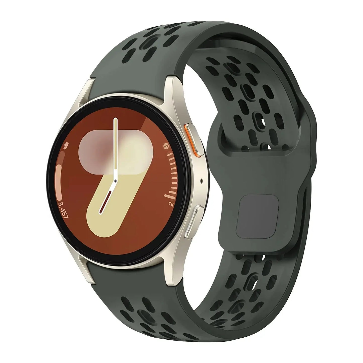 Sport silicone breathable band in dark green on Samsung Galaxy Watch showcasing maximum comfort and ventilation.