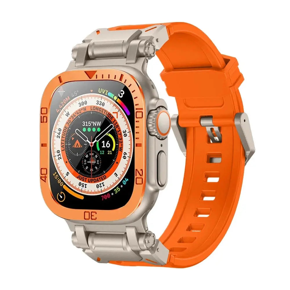 Rugged silicon band with metal case for Apple Watch Ultra, featuring an orange strap and protective glass.