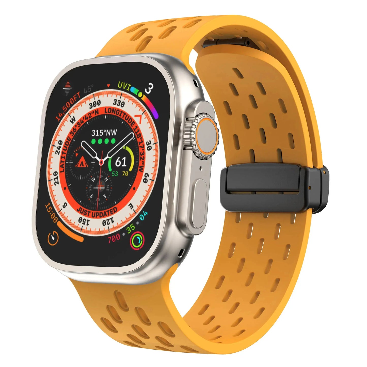 Breathable silicone magnetic clasp band for Apple Watch, featuring airflow holes and vibrant orange design, ideal for active lifestyles.