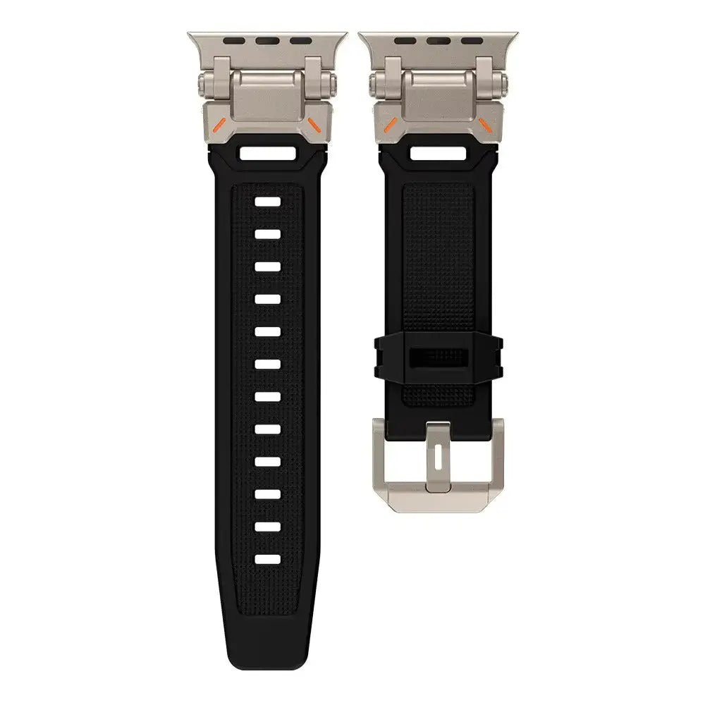 Rugged silicon band for Apple Watch Ultra, featuring metal case, durable design, and sporty aesthetic.