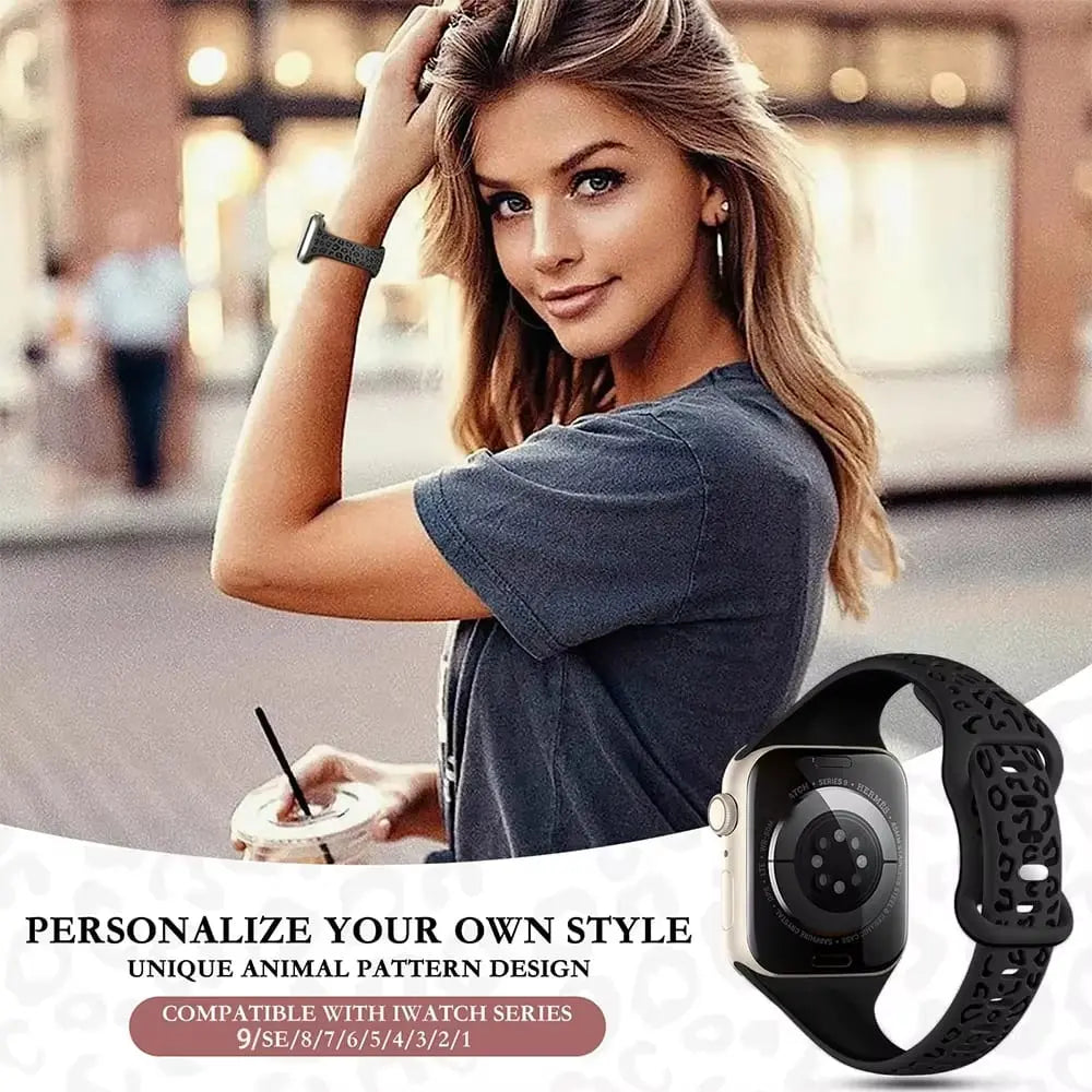 Engraved slim silicone band with unique animal pattern design, styled on Apple Watch, perfect for personalizing your fashion.