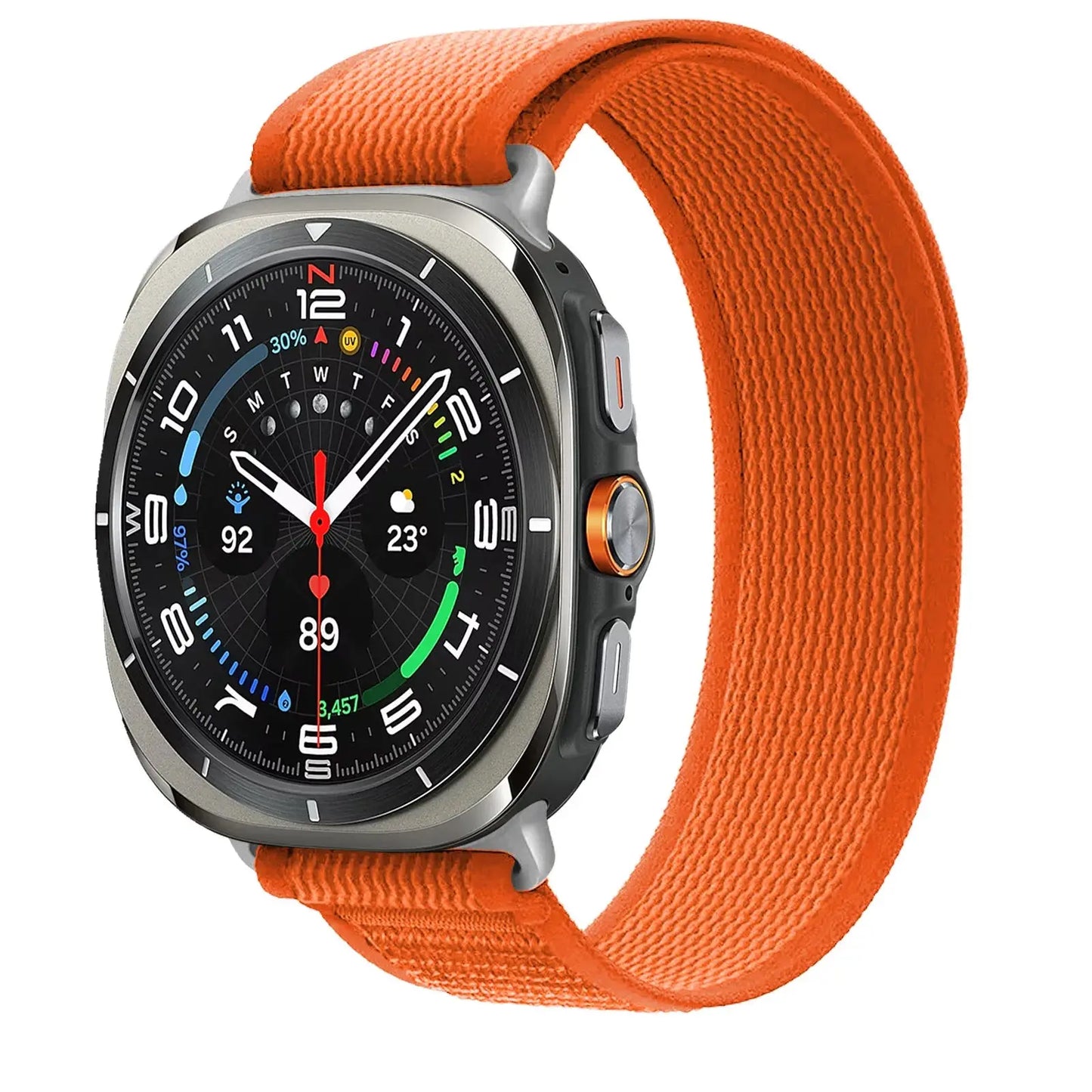Soft stretchy nylon trail band in vibrant orange for Samsung Galaxy Watch Ultra, ideal for comfort and active lifestyles.