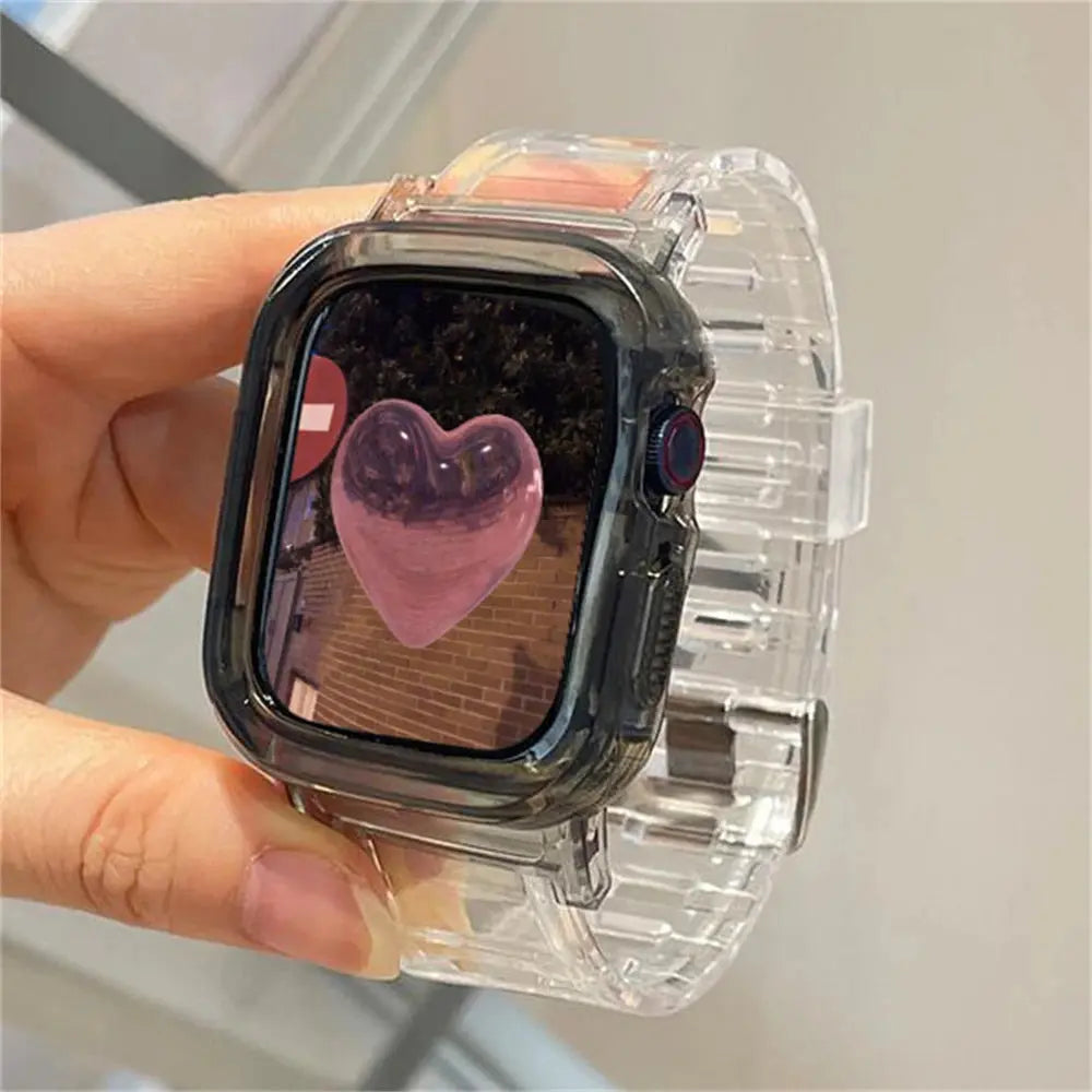 Korean cute transparent Apple Watch band with clear case showcasing a heart design on the display.