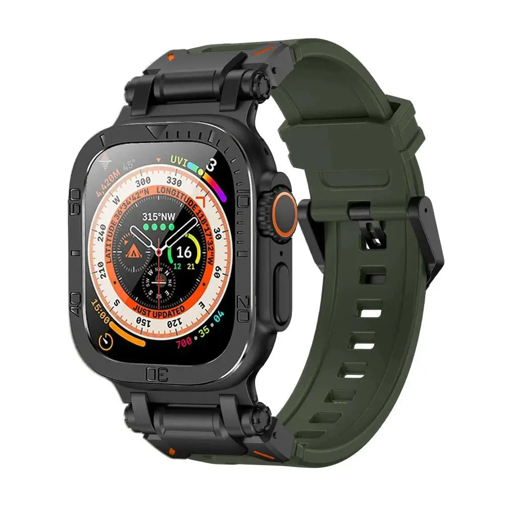 Rugged Apple Watch Ultra 49mm with Armor Silicon Band, protective metal case, and durable screen protector.
