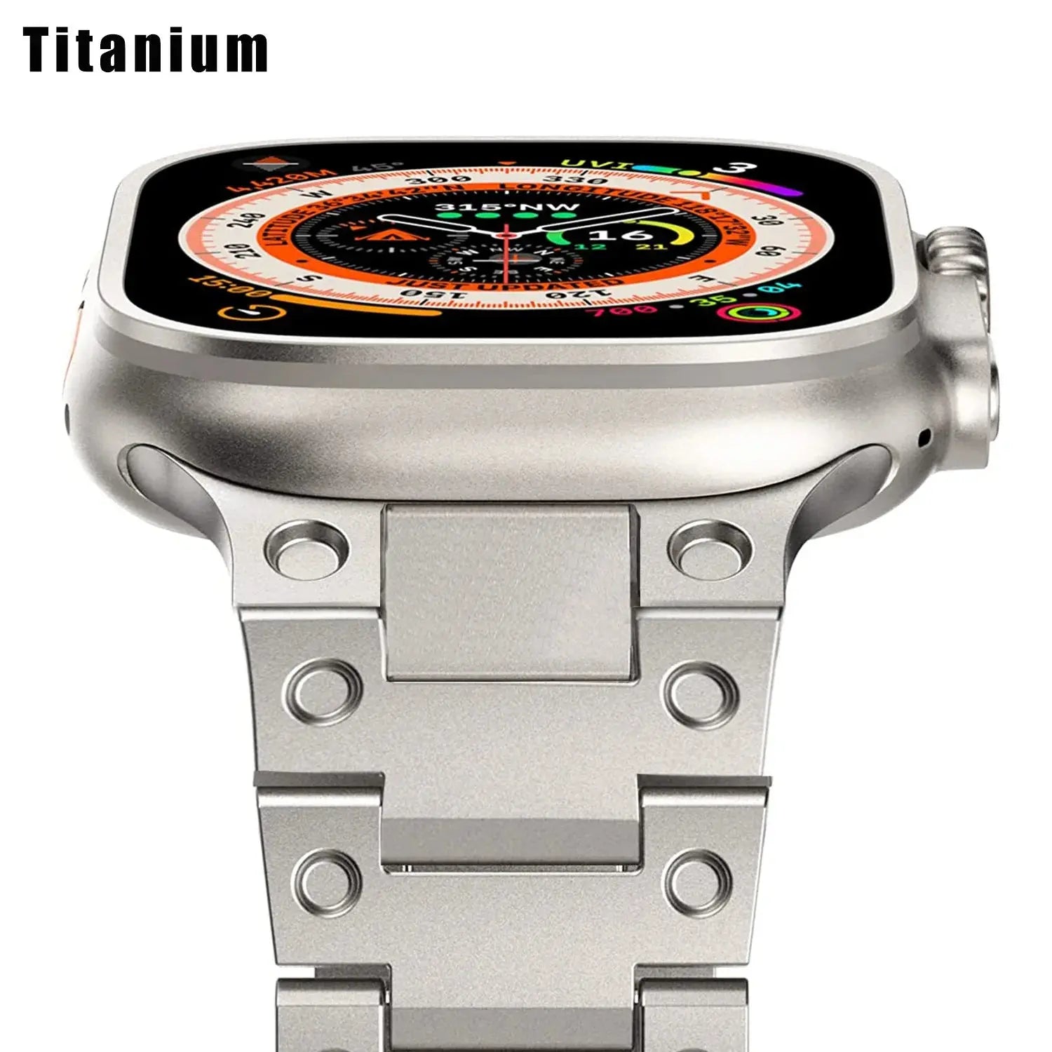 Glossy titanium bracelet for Apple Watch Ultra, featuring premium satin-brushed stainless steel and secure buckle.