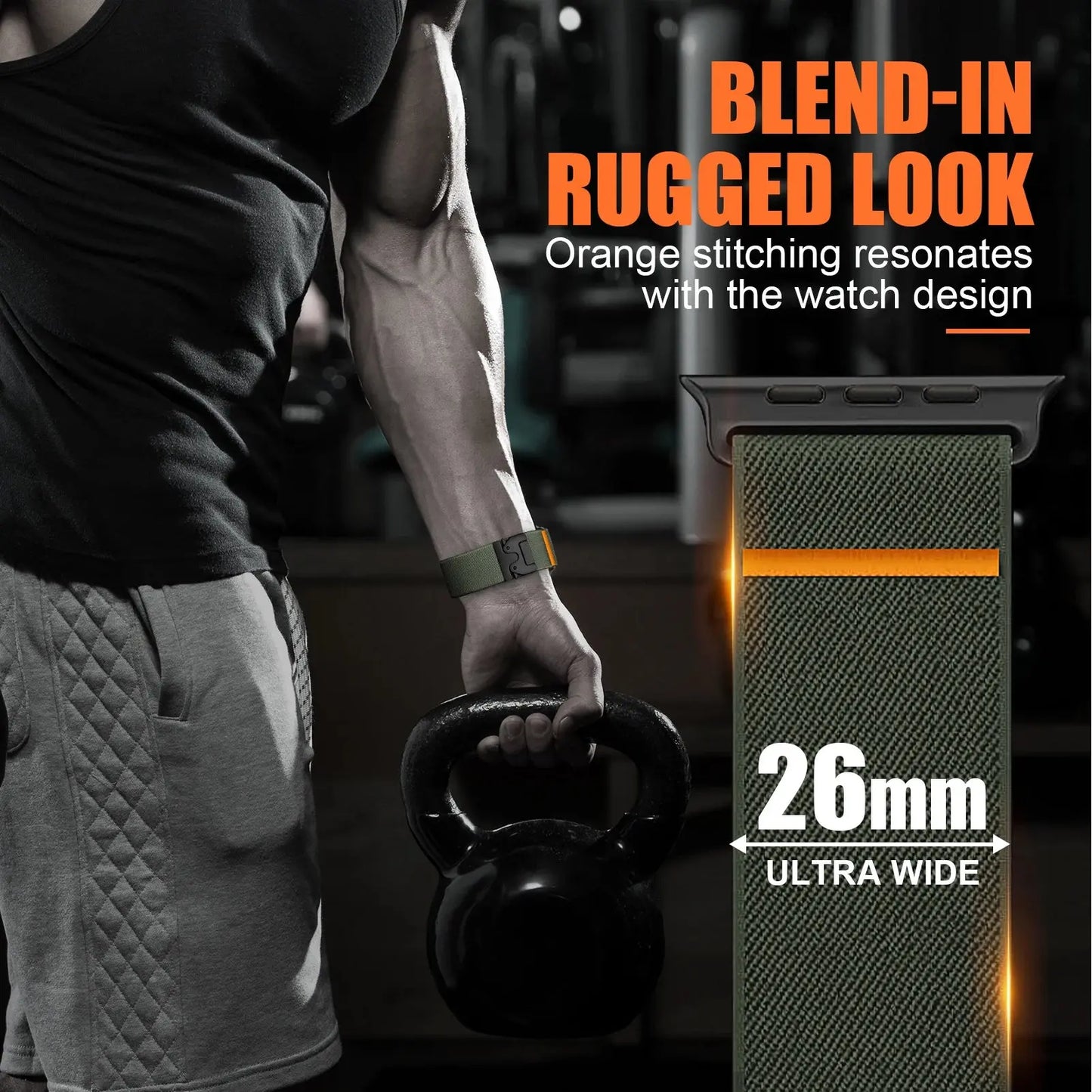 Men's 26mm ultra-wide nylon Apple Watch band with orange stitching, showcasing a rugged blend-in style during a workout.