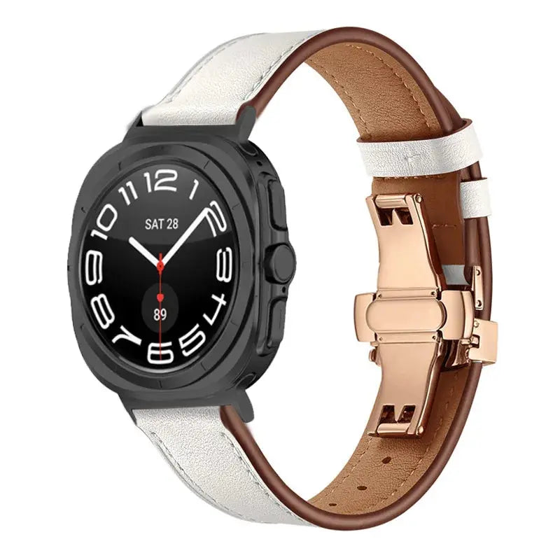 Classic Leather Ultra Band for Galaxy Watch Ultra with butterfly clasp in sleek design and elegant finish.