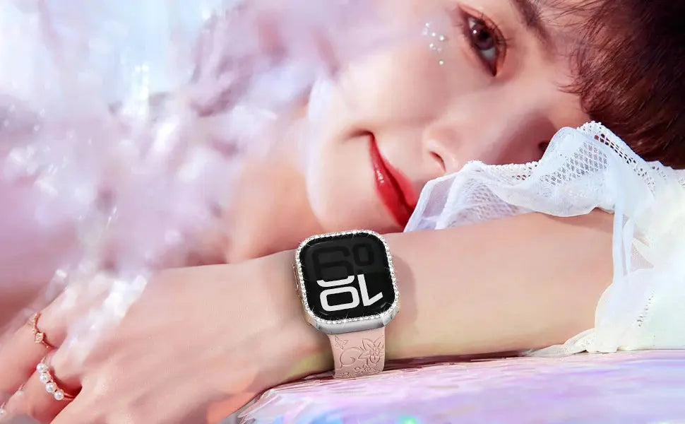 Rhinestones case with protective glass on Series 10 watch, model shown with elegant design and sparkle.