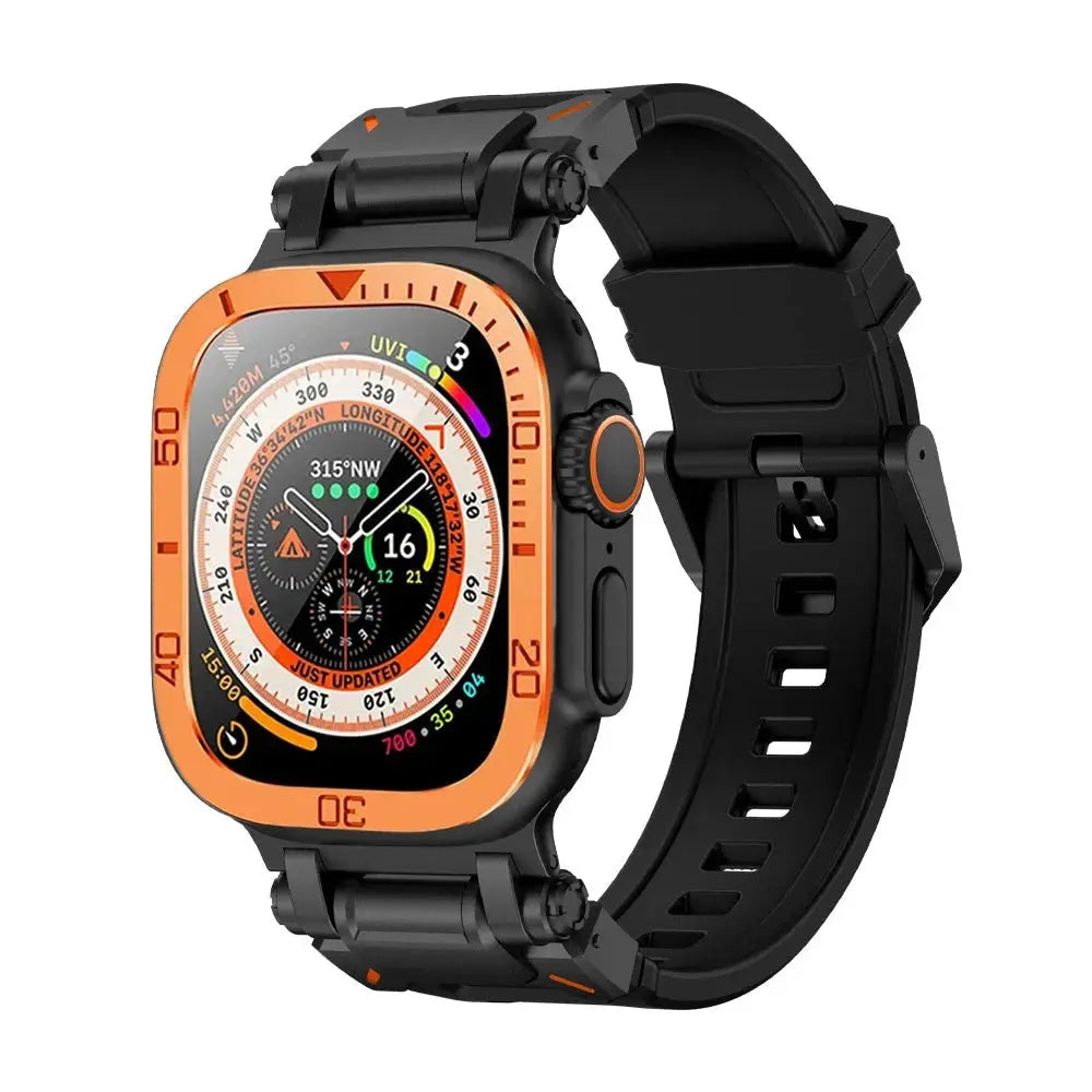 Rugged silicon band with metal case for Apple Watch Ultra 49mm, featuring a sporty design and durable glass protector.