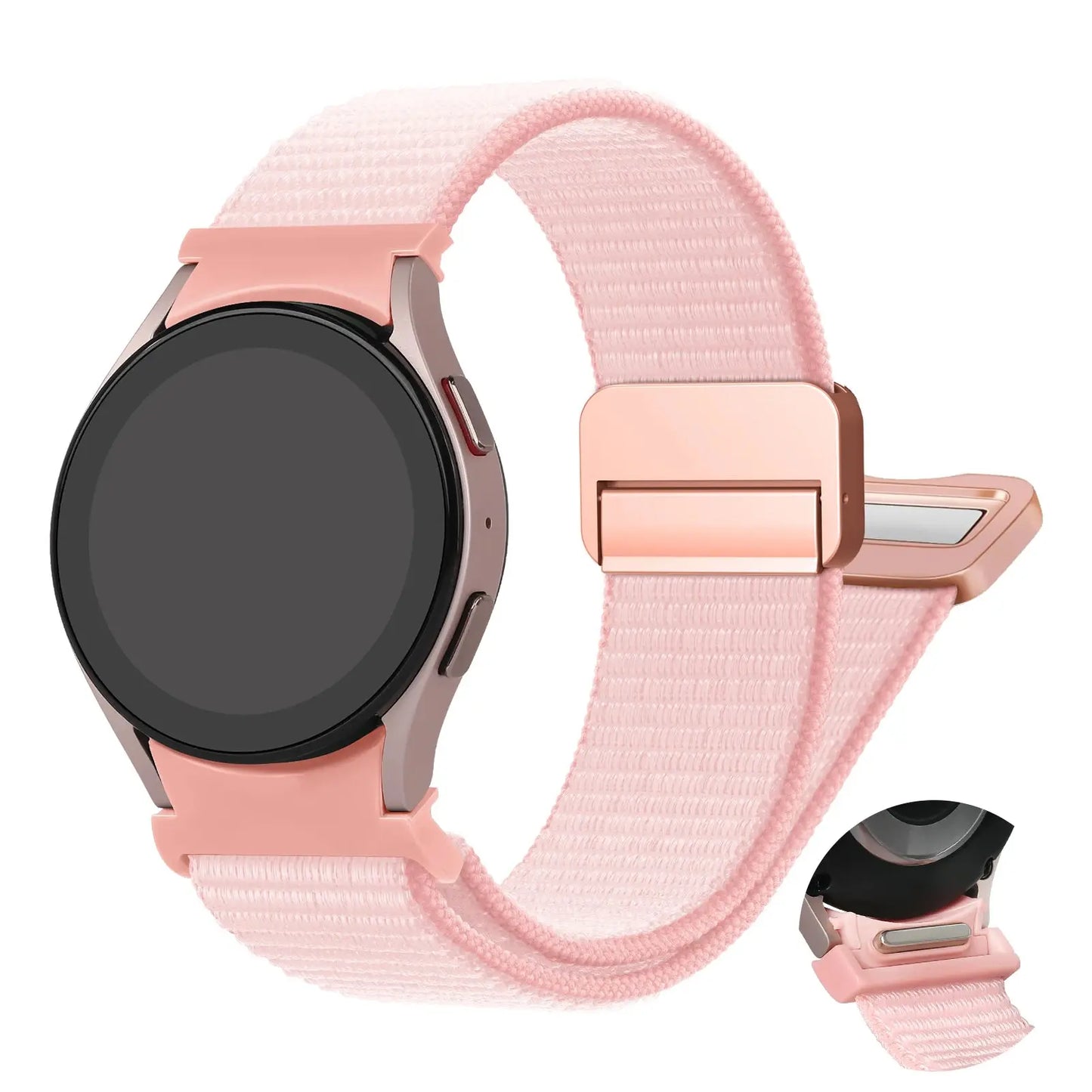 Magnetic nylon sports band for Samsung Galaxy Watch, featuring a stylish pink design and secure buckle for easy wear.