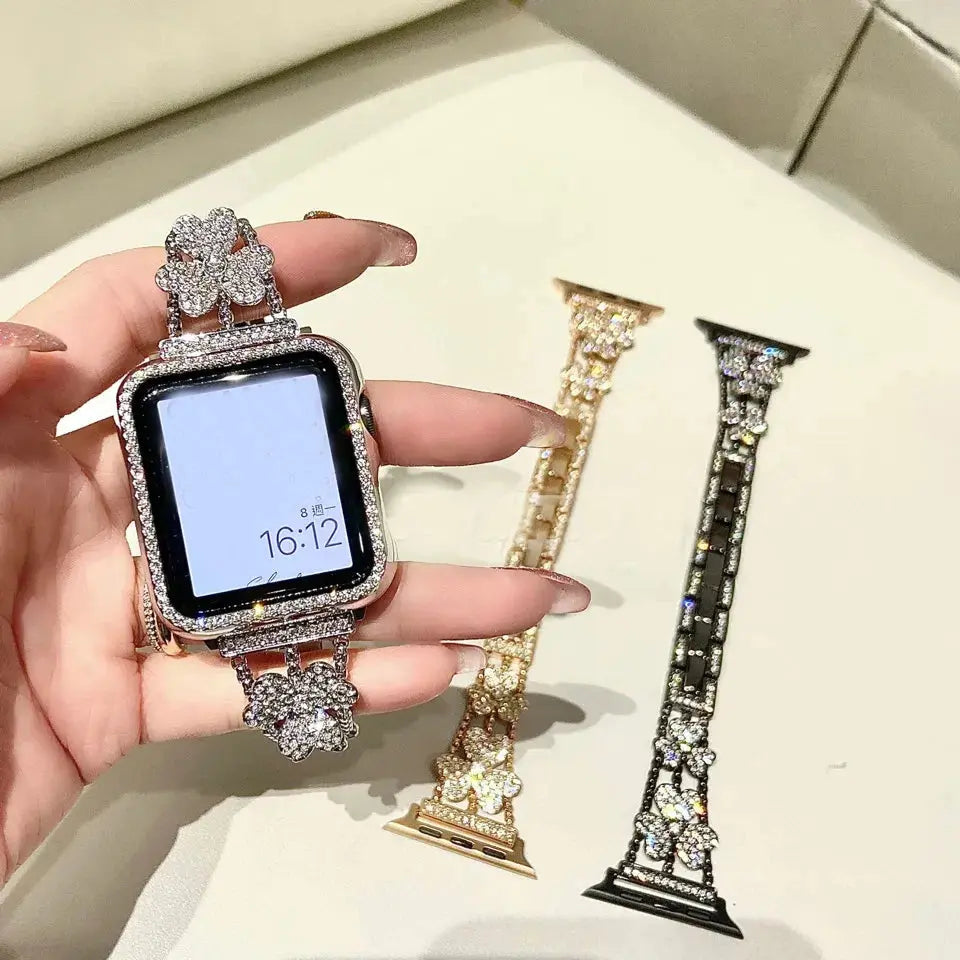 Gorgeous Rhinestones Bracelet enhancing an Apple Watch, featuring a flower pattern and elegant colors with additional bands