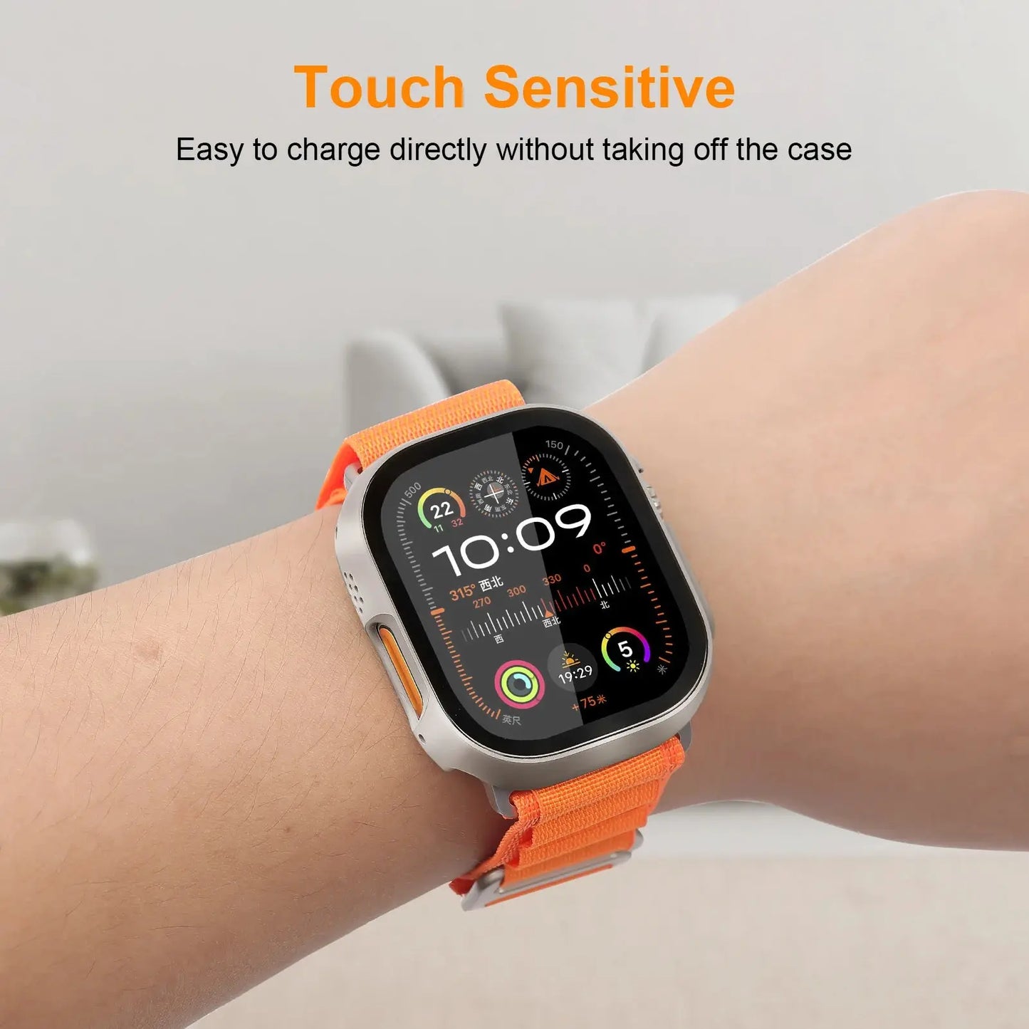 Apple Watch case features touch sensitivity for hassle-free charging without removal, showcasing its stylish design.