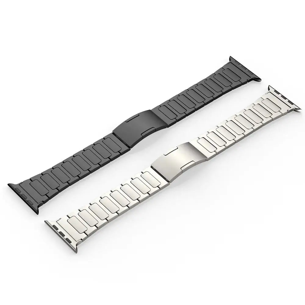 Modern titanium bracelet for Apple Watch, featuring sleek satin-brushed stainless steel and secure folding buckle design.