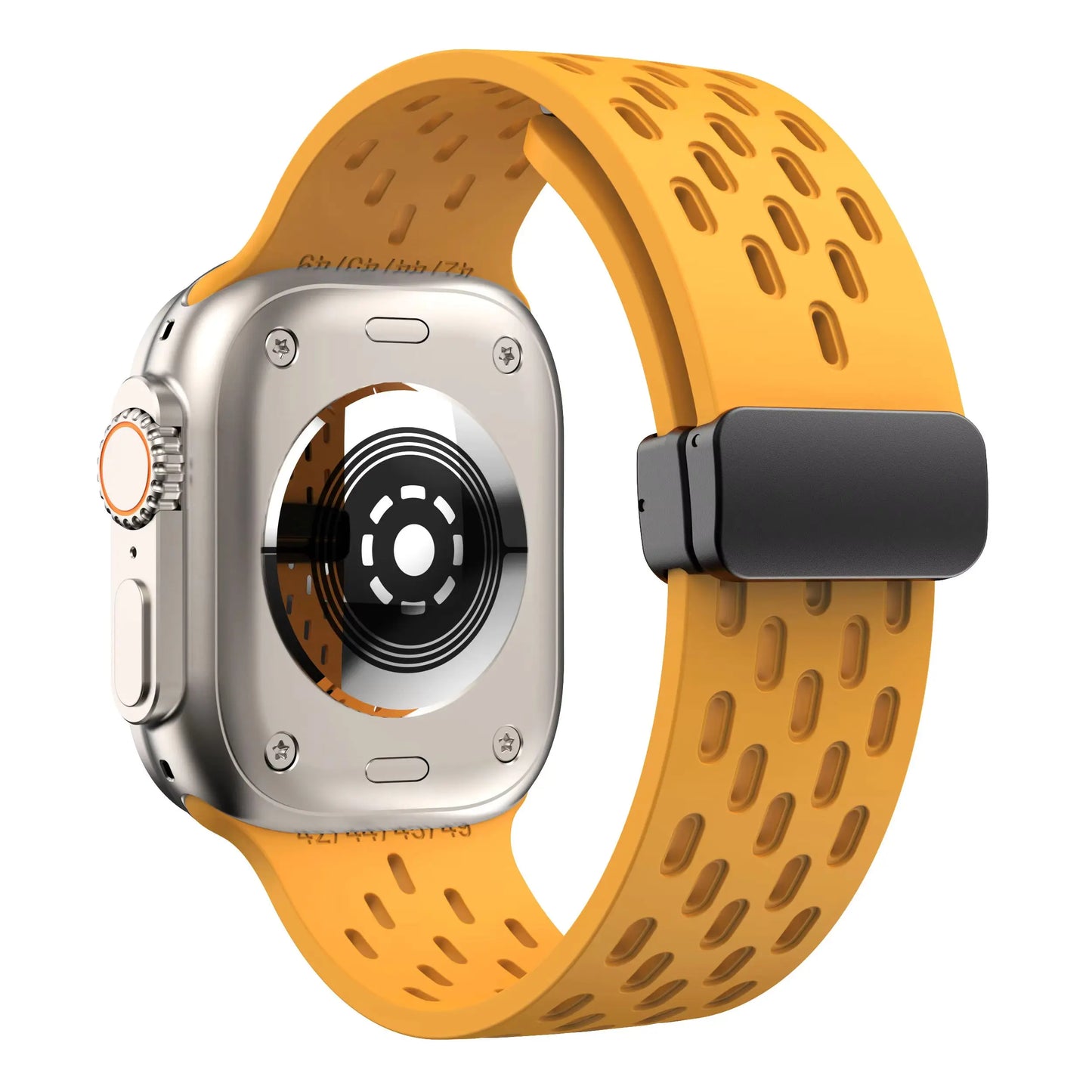 Breathable silicone magnetic clasp band for Apple Watch in vibrant orange, designed for active lifestyles and optimal airflow.