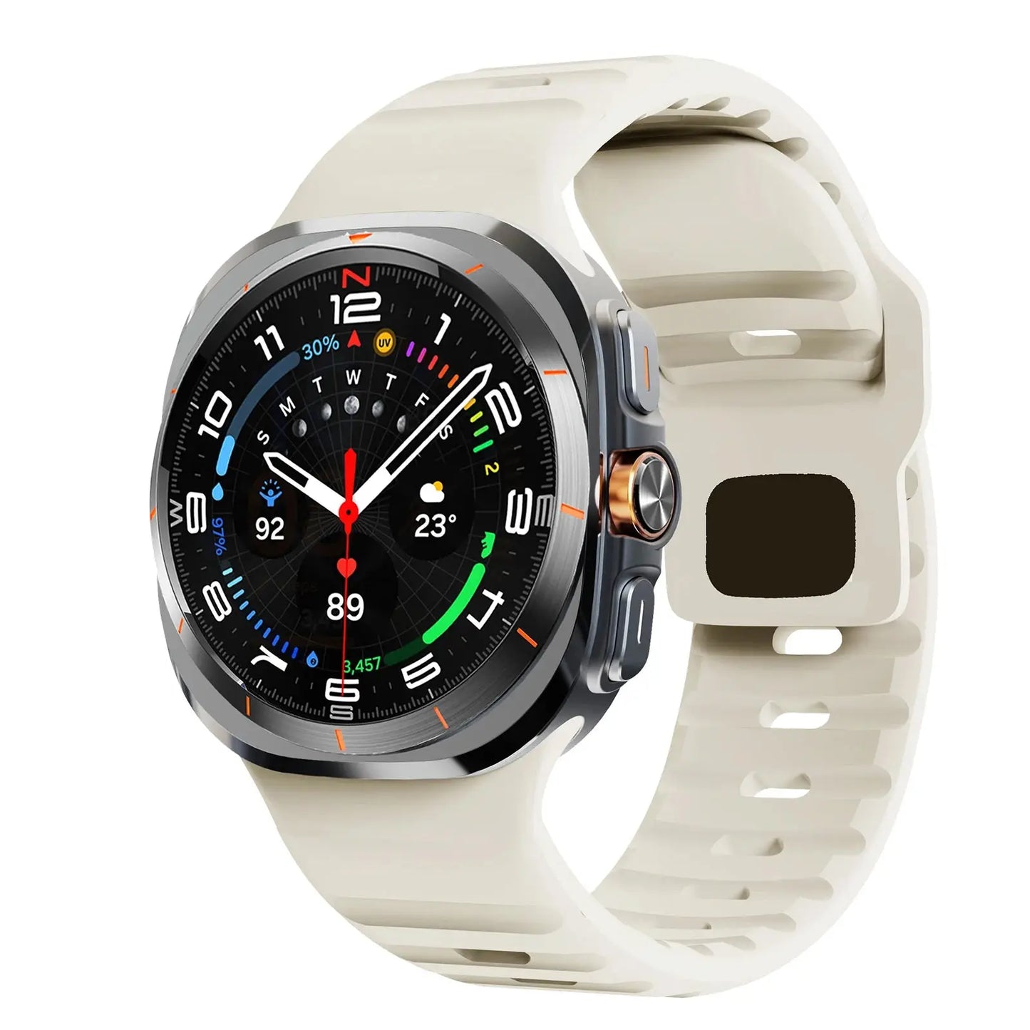 Rugged silicon band for Samsung Galaxy Watch Ultra in light color, showcasing sporty style and durable design.