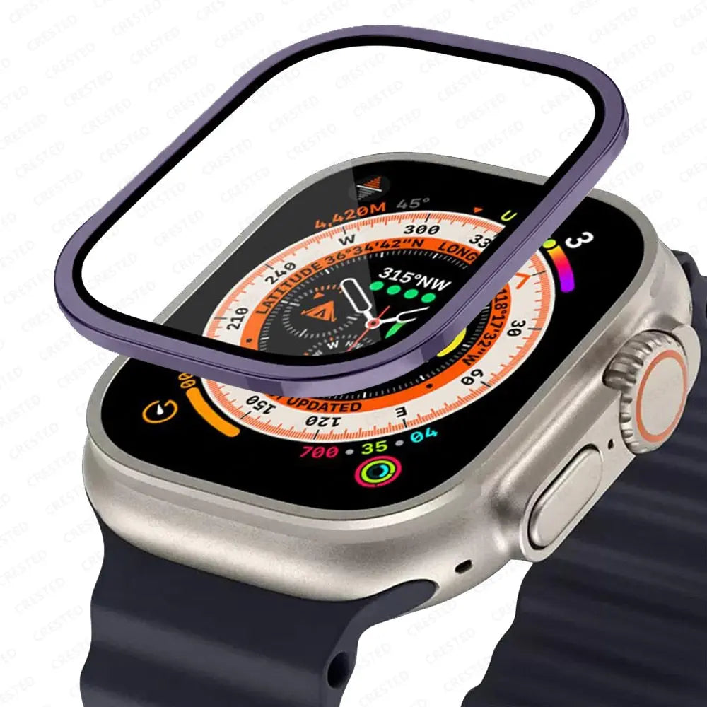 Metal bumper screen protector for Apple Watch Ultra, showing durable aluminum case and high-definition tempered glass.