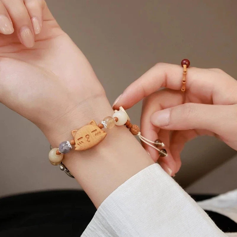 Wooden Cat Beaded Apple Watch Band – Handmade Bracelet Strap