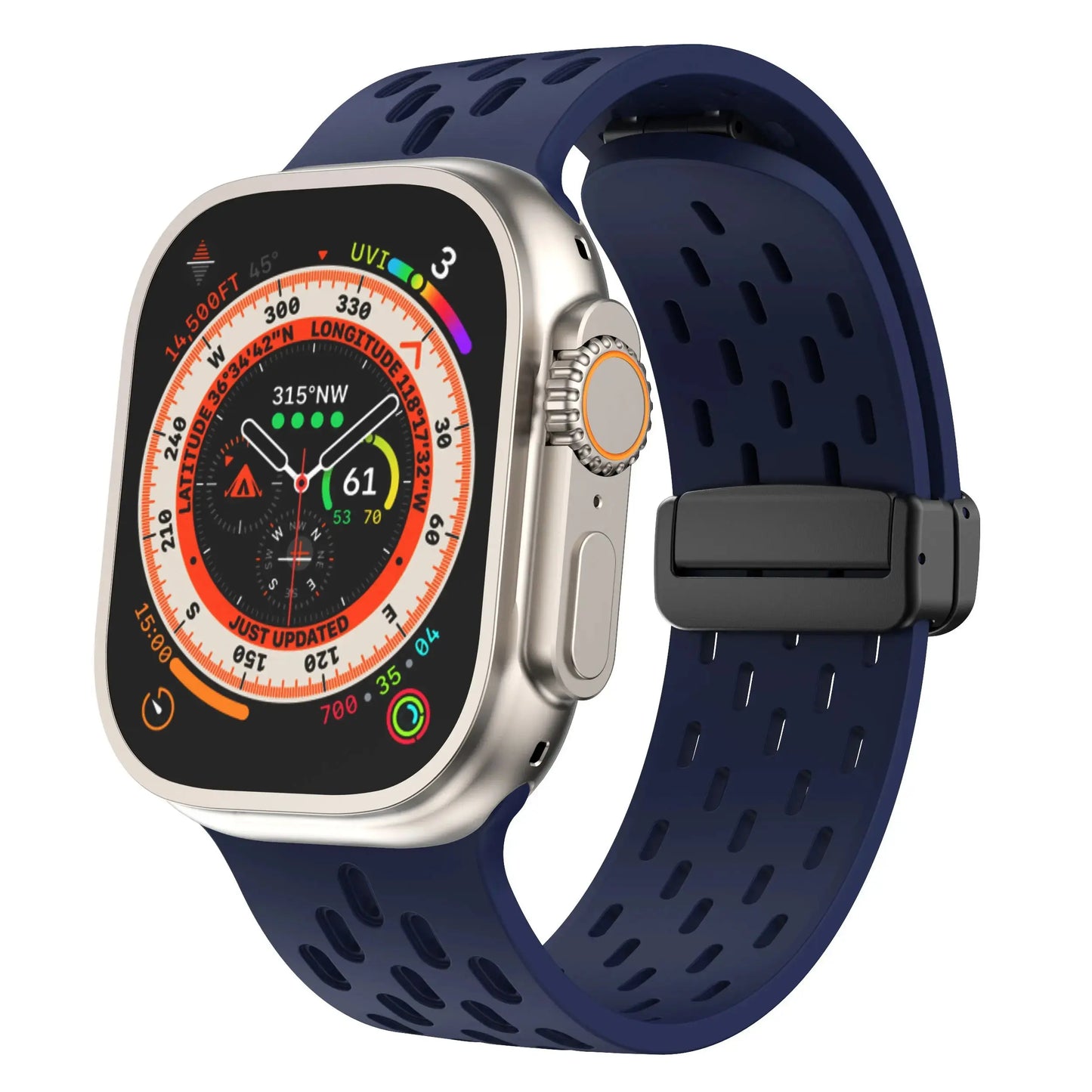 Apple Watch with breathable silicone band and magnetic clasp, designed for sports enthusiasts and active lifestyles.