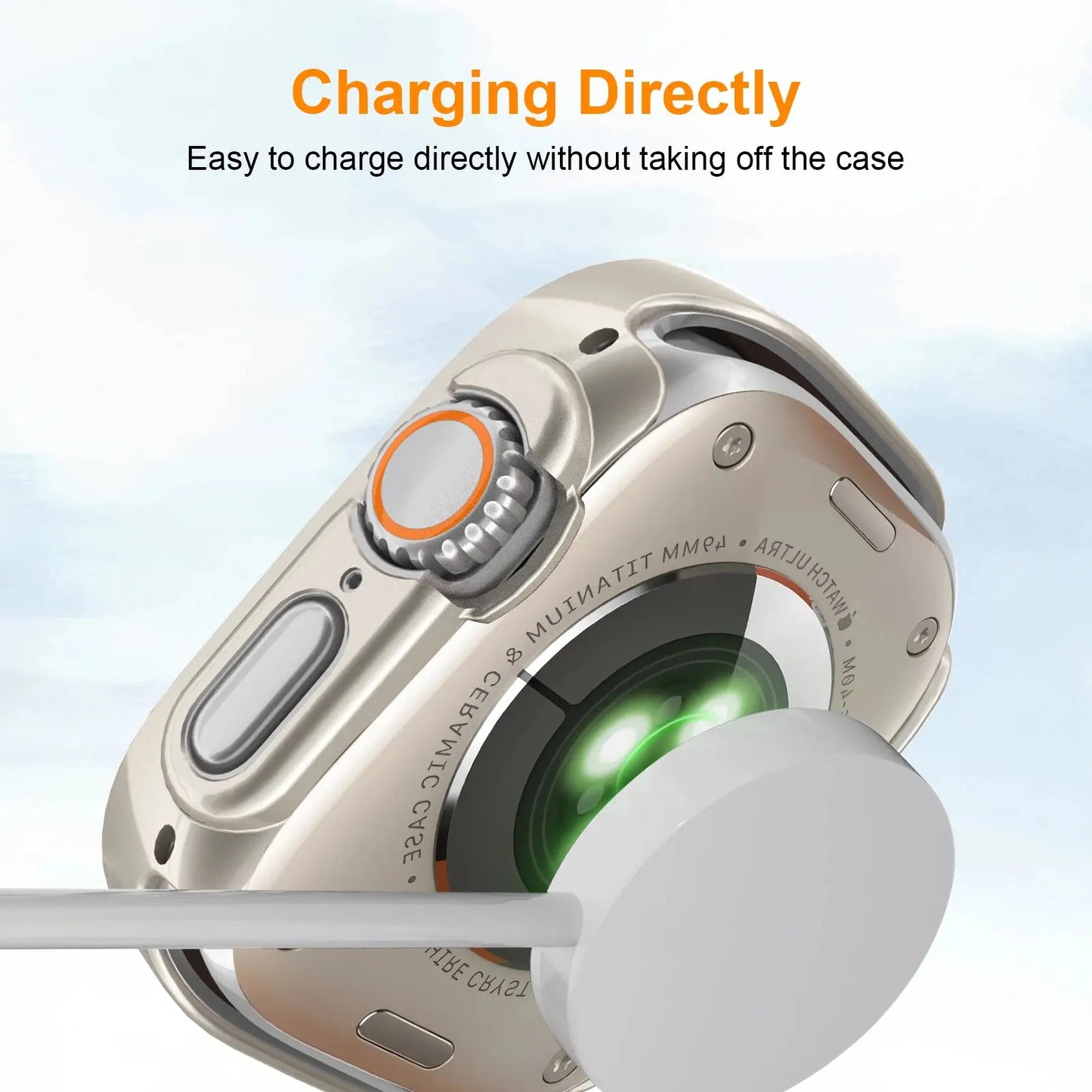 Apple Watch case allows direct charging without removal, featuring durable protection and effortless privacy.
