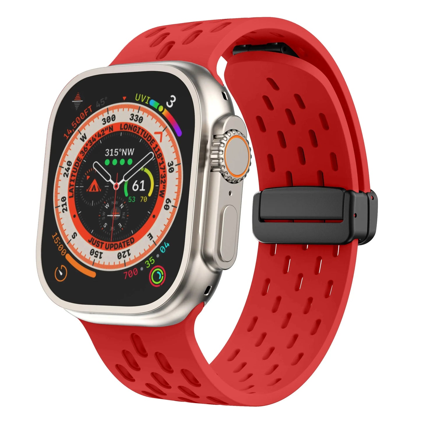 Breathable silicone magnetic clasp band for Apple Watch, perfect for active lifestyles with optimal airflow for workouts.