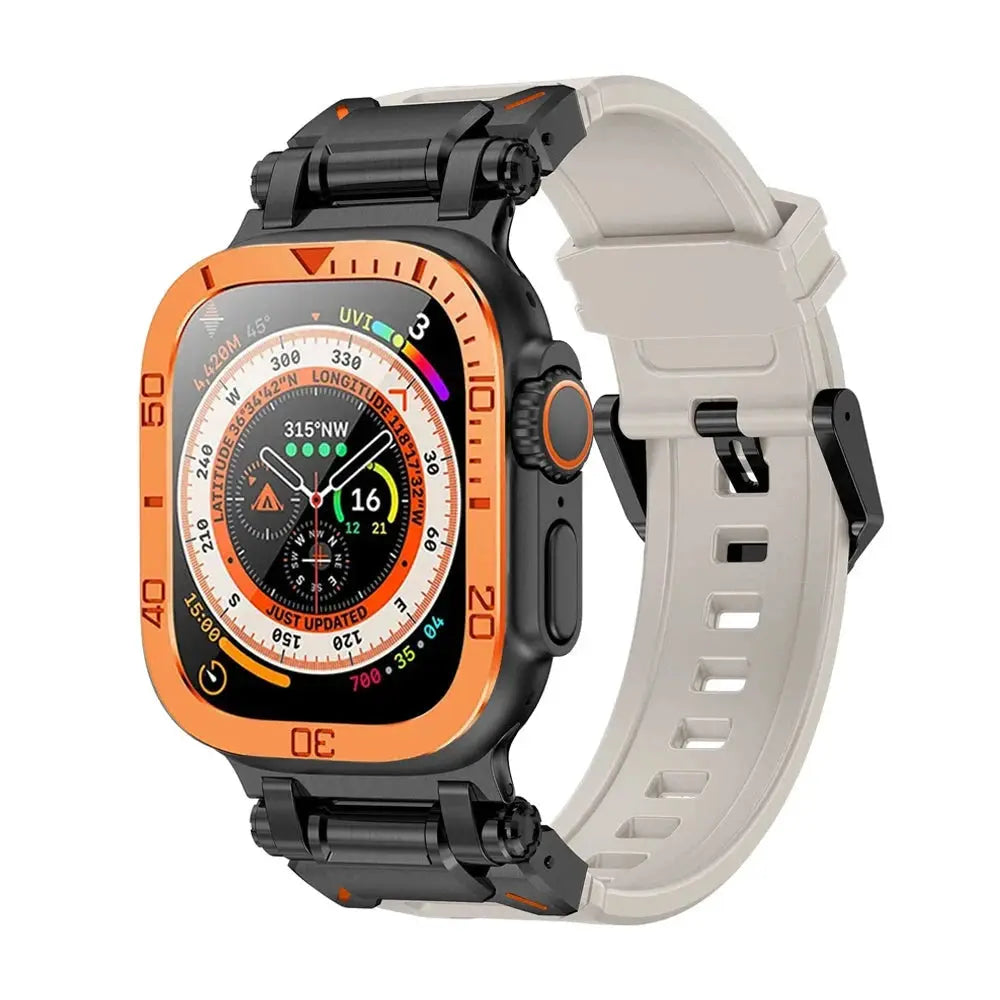 Rugged Apple Watch Ultra 49mm with Armor Silicon Band and metal case, showcasing sporty design and protective features.
