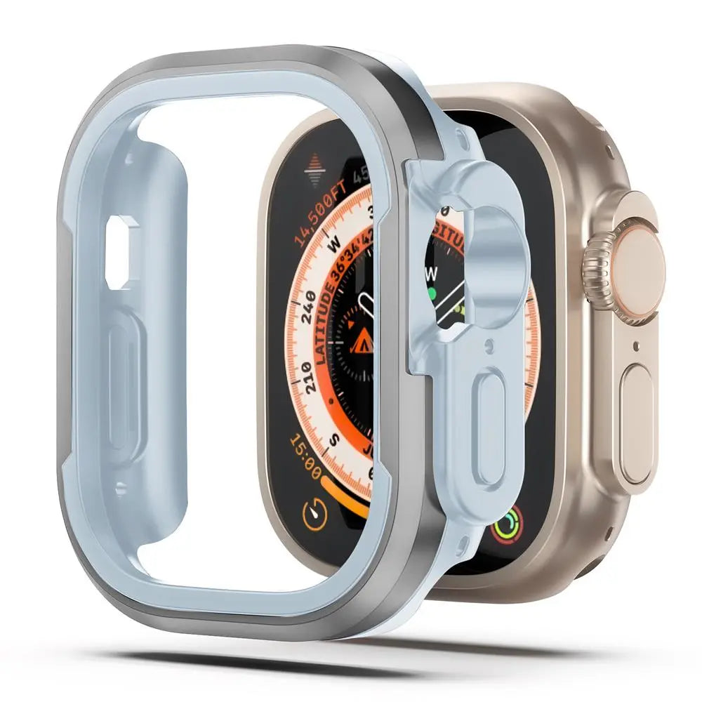 Aluminum alloy frame and TPU bumper case for Apple Watch, providing heavy-duty shock protection for men and women.
